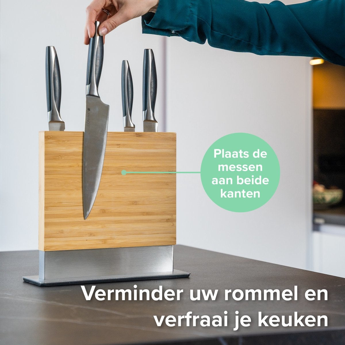 Coninx Vertico Messenhouder Magnetisch - Magneet Tweezijdig - RVS voet - Messenblok zonder messen - Bamboe