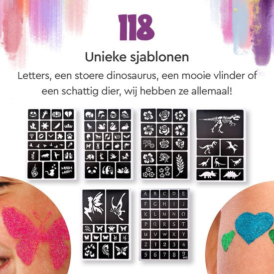 Partizzle Set complet de tatouages pailletés - Filles / Garçons - Gabarits de maquillage, colle et pinceaux - Kit d'artisanat pour faux tatouages au néon - Cadeau de carnaval pour les enfants - 24 couleurs / Biodégradable