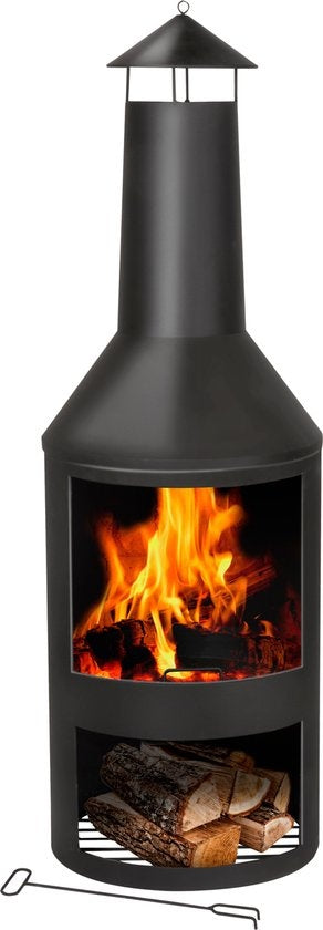 BBQ Collection Poêle d'extérieur avec cheminée - Poêle de jardin 134 x 44,5 x 44,5 cm - Poêle de terrasse pour bois de chauffage - Poêle de terrasse avec récupérateur de cendres, tisonnier et rangement pour le bois - Jardin et terrasse - Acier au carbone