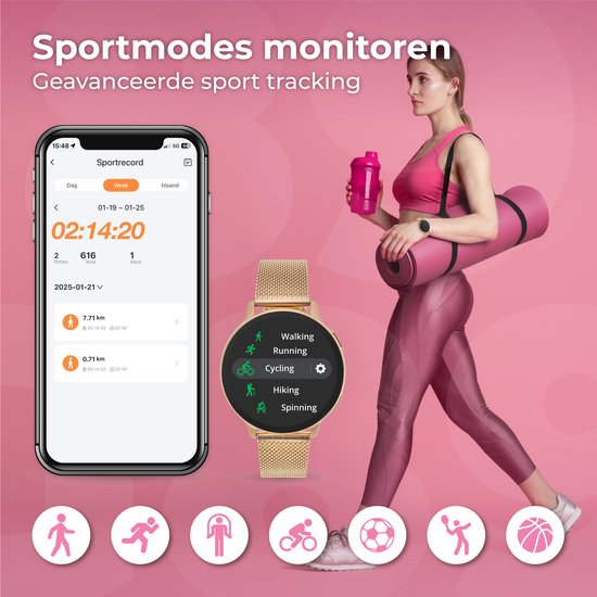 Nuvance Smartwatch Ladies - avec bracelet en acier inoxydable et en silicone - mesure le sport, le sommeil et le corps - or rose