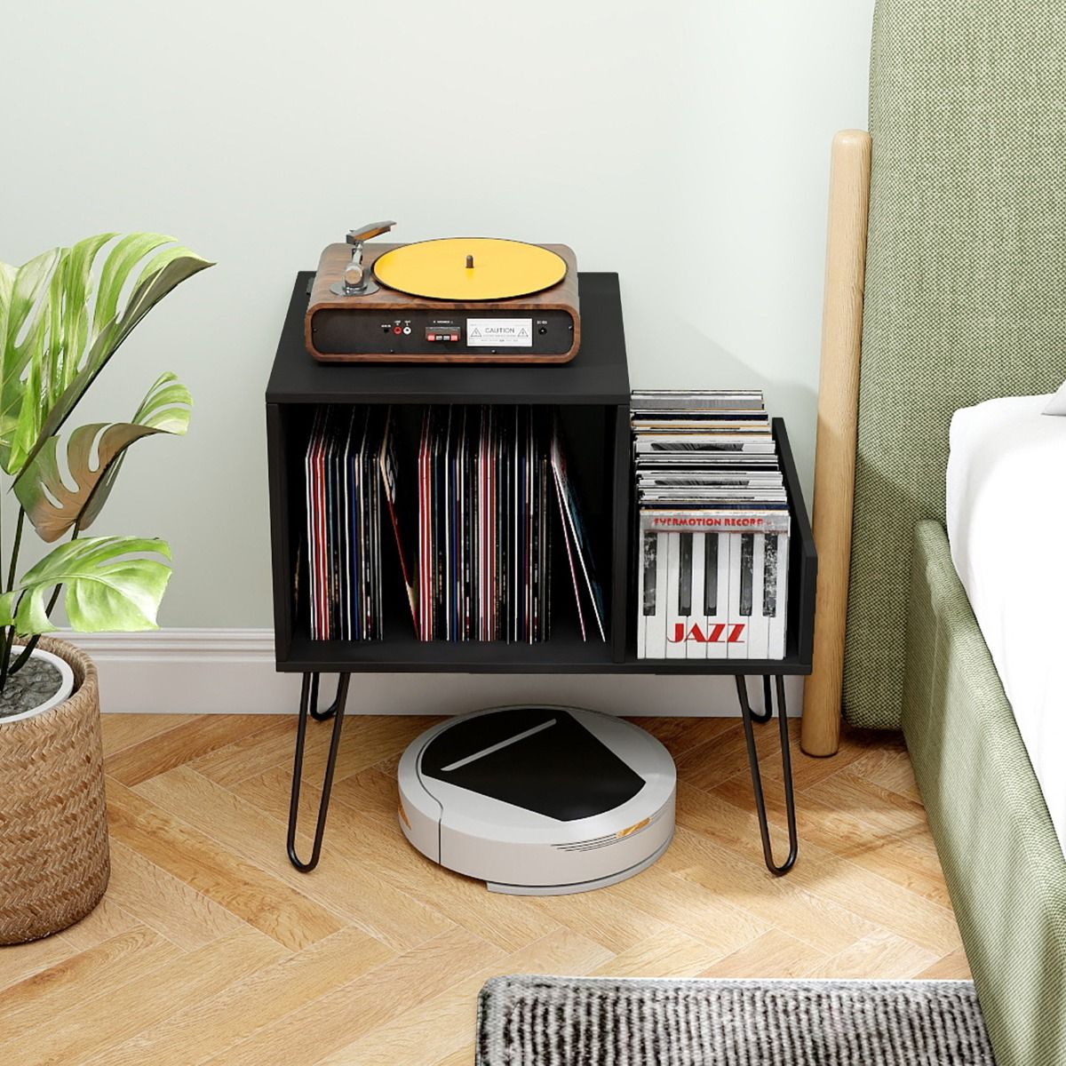 Pied pour platine vinyle Coast - table d'appoint avec prise électrique et port USB - style mid-century - blanc/noir/marron - 66 x 45 x 67 cm