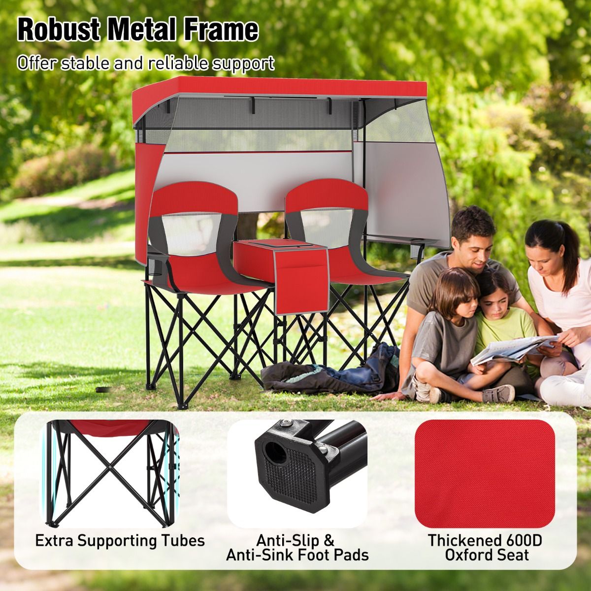 Chaise de camping double Coast - pare-soleil réglable - sac isotherme et porte-gobelets - rouge