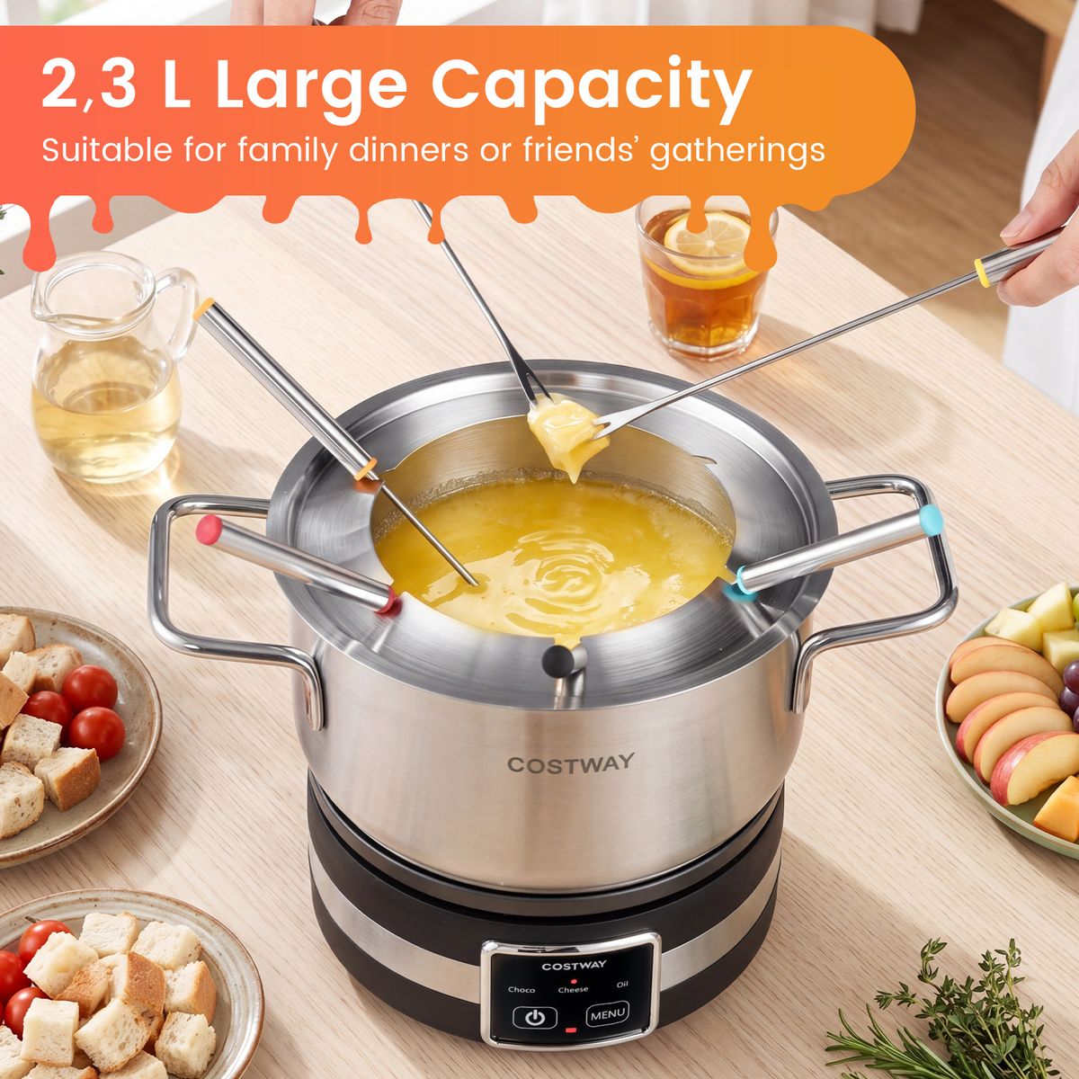 Ensemble à fondue électrique Coast - 1 200 W - Régulateur de température - Cuve amovible en acier inoxydable - Argent et noir