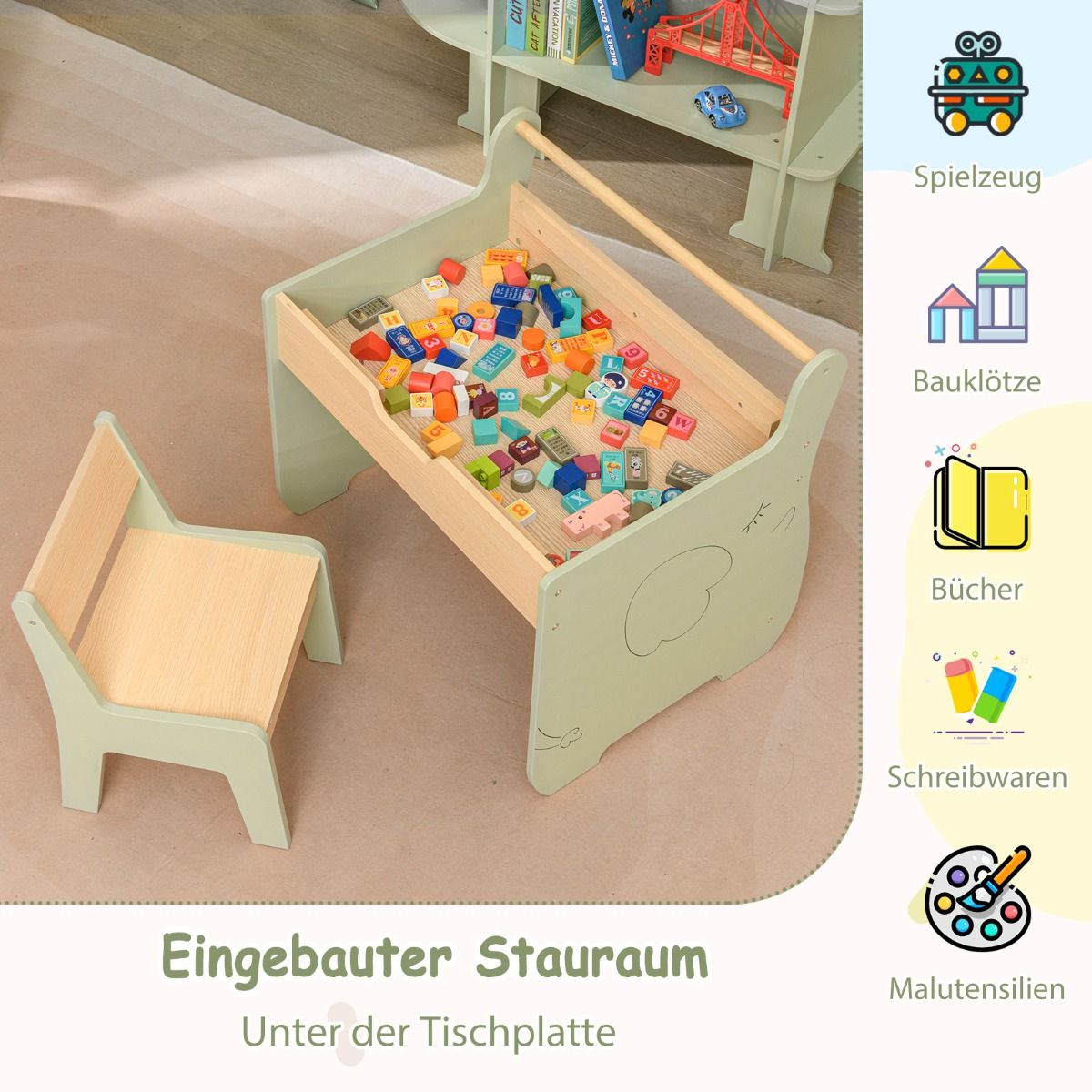 Ensemble de table pour enfants Coast 3-en-1 - avec plateau réversible et espace de rangement dissimulé - vert