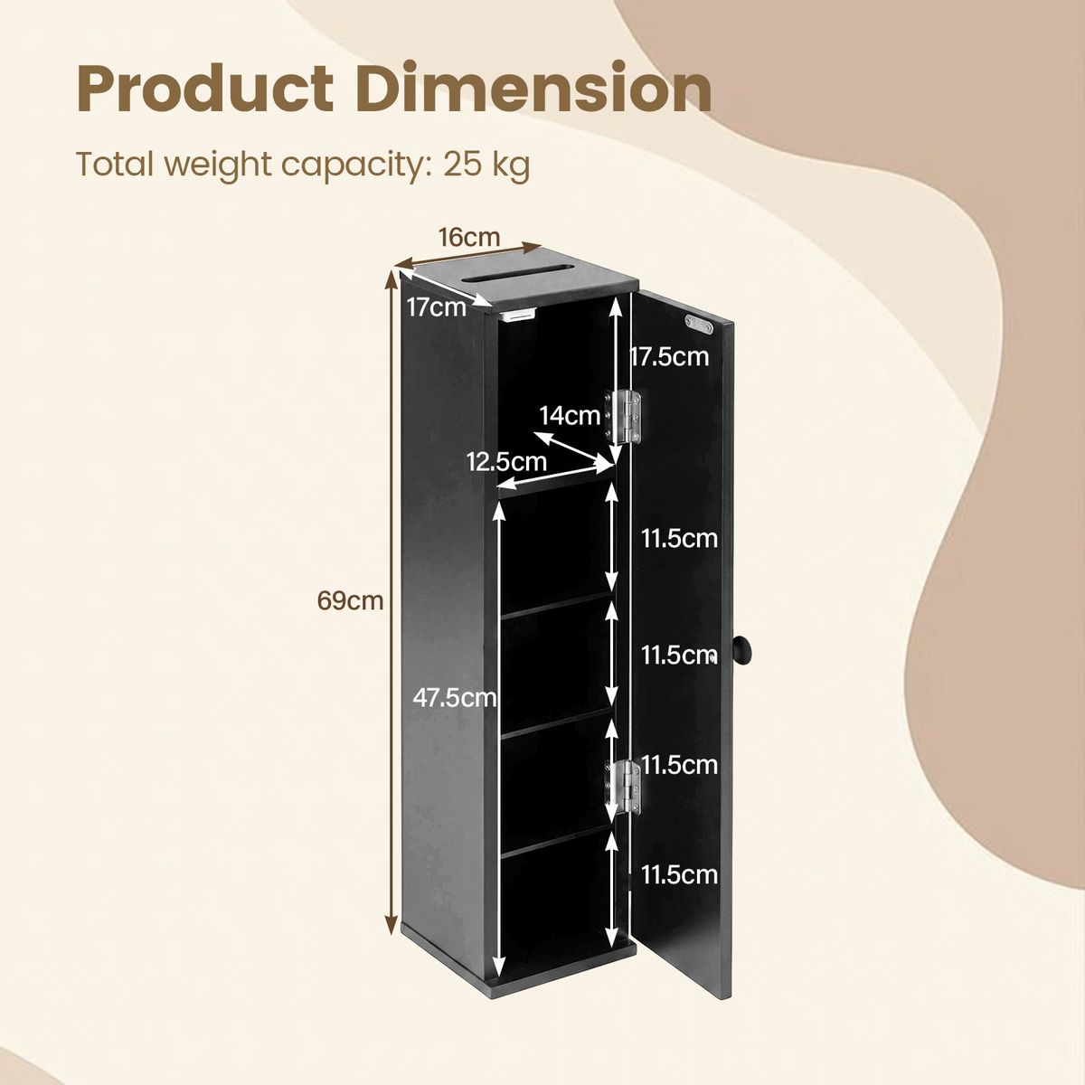 Armoire de salle de bains Coast Smalle - étagères réglables et amovibles - 16 x 17 x 69 cm - noir