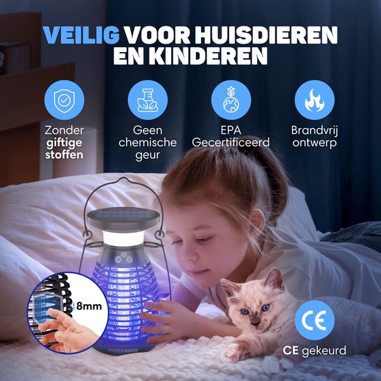 Vulpes Goods® Repellent - Mosquito lamp PRO - Electric Insect Killer - Fly lamp - Insect lamp - UV mode & Night light - Suspendable - Rechargeable & Solar - Waterproof - Incl. collection tray & cleaning brush