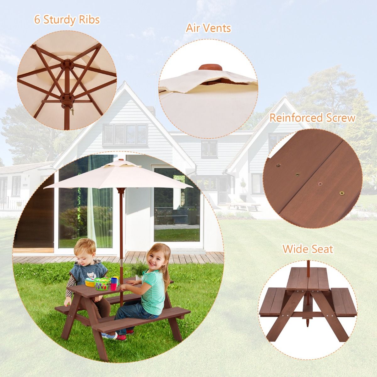Table de pique-nique pour enfants Coast - Table d'extérieur 3-en-1 avec parasol amovible - bancs en bois - couleur noyer