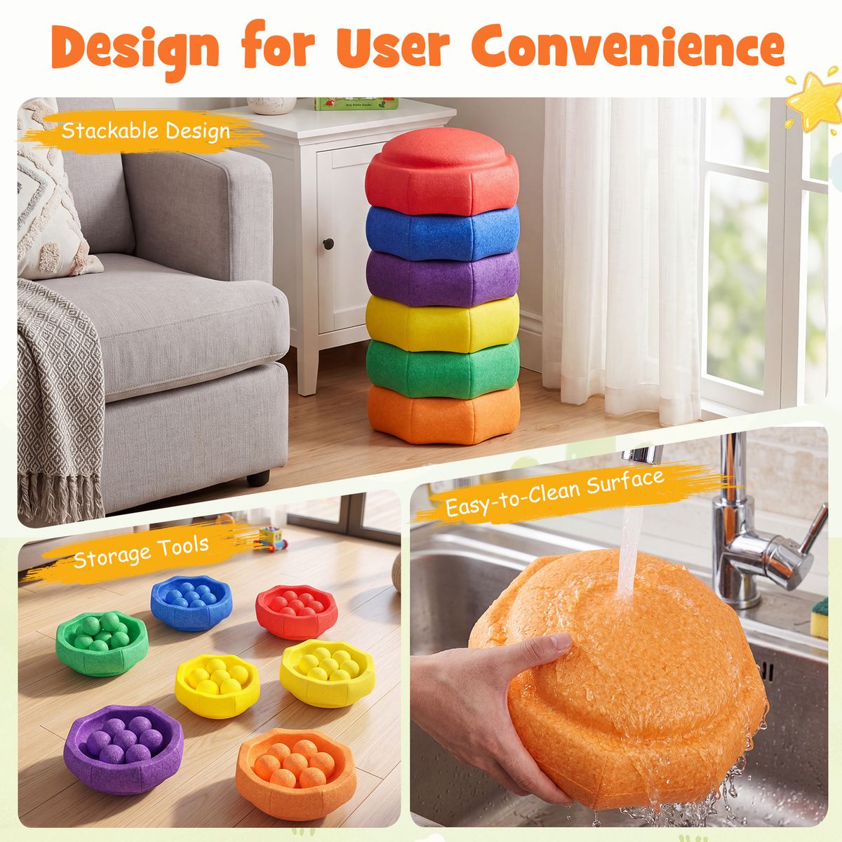 Coast Pierres d'équilibre pour enfants - lot de 6 pièces - antidérapantes - empilables - multicolores