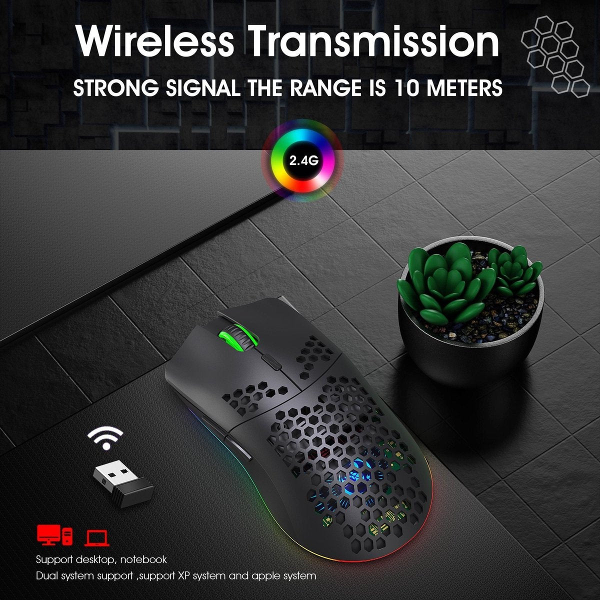 HXSJ T66 Souris de jeu sans fil 2.4G - Ultra légère - Eclairage RGB - Noir