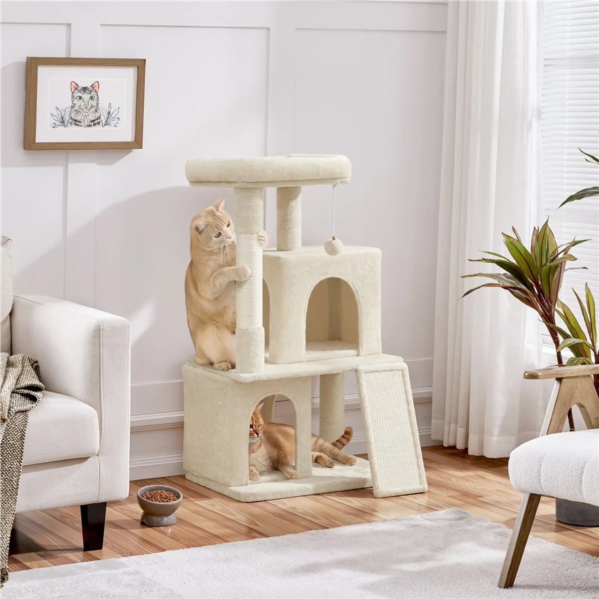 Yaheetech Cat Post With 2 Cat Houses - Fitted With Sisal Scratching Post And Scratching Board And Viewing Platform - For Small And Medium Cats - Beige Plush And Particleboard - 60 x 45 x 106 cm