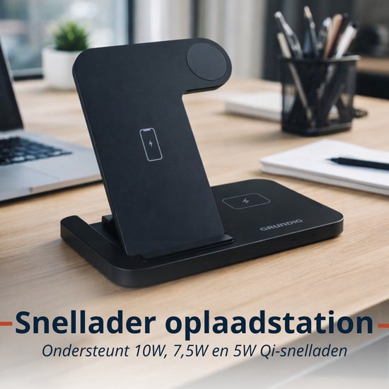 Chargeur sans fil 3-en-1 Grundig – Station de recharge rapide pour smartphone, montre connectée et écouteurs – Chargeur sans fil pour iPhone et Samsung – Chargeur sans fil – Design pliable