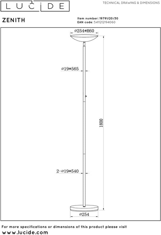 Lucide ZENITH - Lampadaire - LED à intensité variable - 1x20 W 3000 K - Noir
