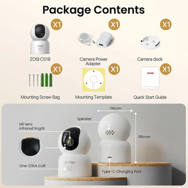 Caméra d'intérieur ZOSI - 4 MP 2,5K - Wi-Fi - Orientable à 360° - Détection de mouvement - Vision nocturne - Audio bidirectionnel - Commande via l'application