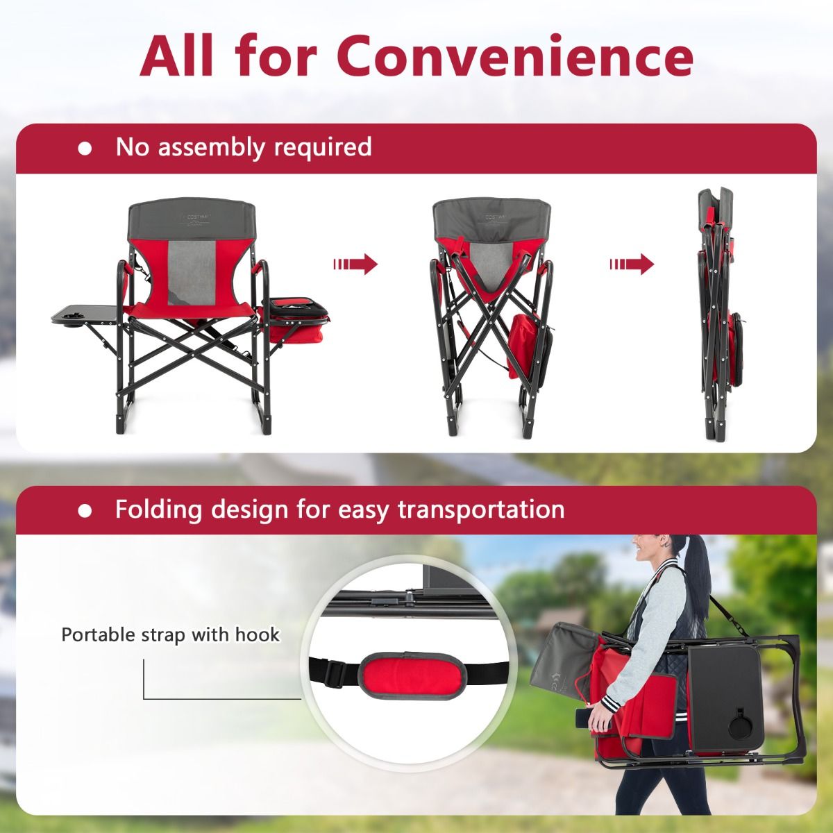 Chaise de camping Coast - avec table d'appoint et glacière - pliable - rouge