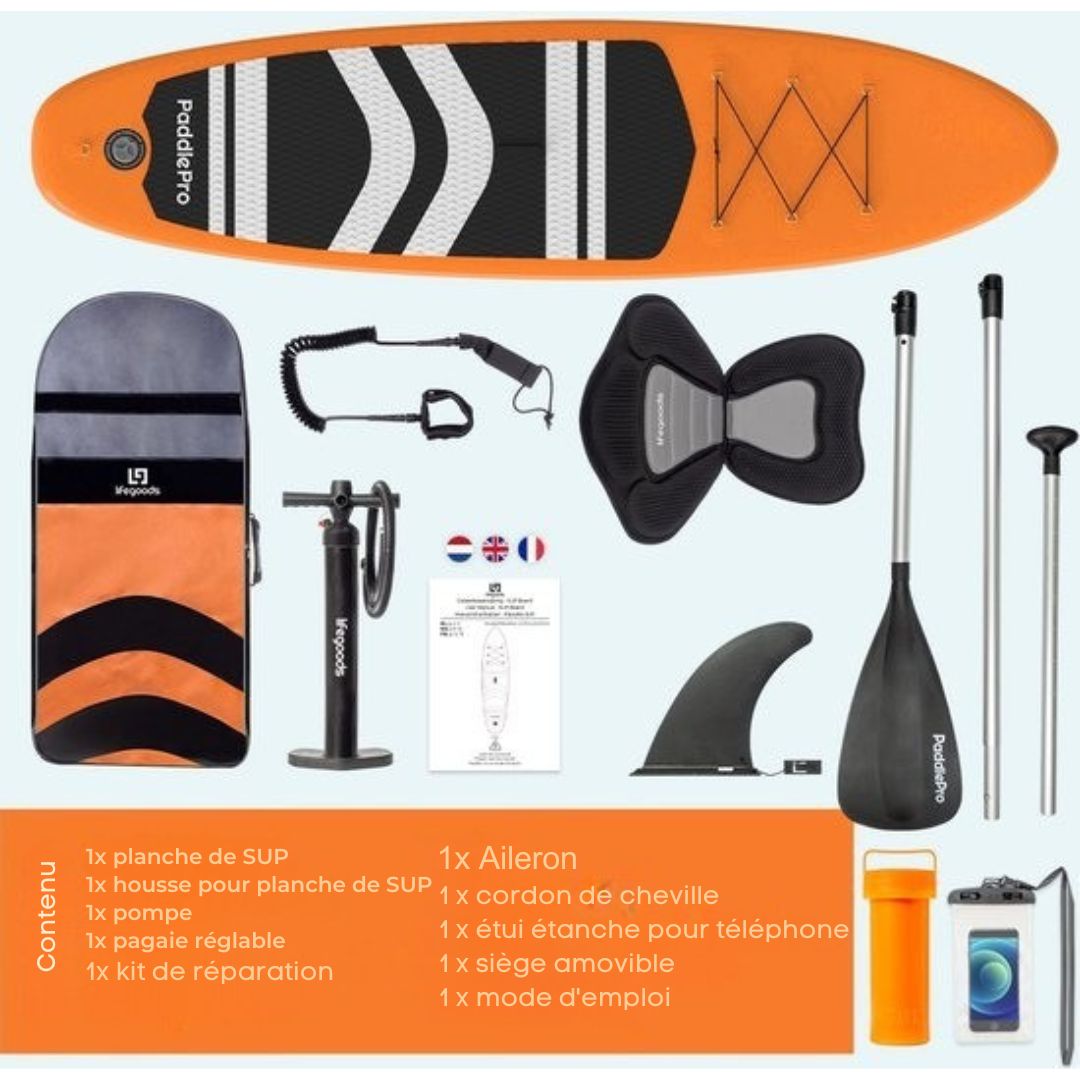 Paddle LifeGoods SUP Board - avec siège - Set complet - Max. 135KG - 320x81cm - Orange