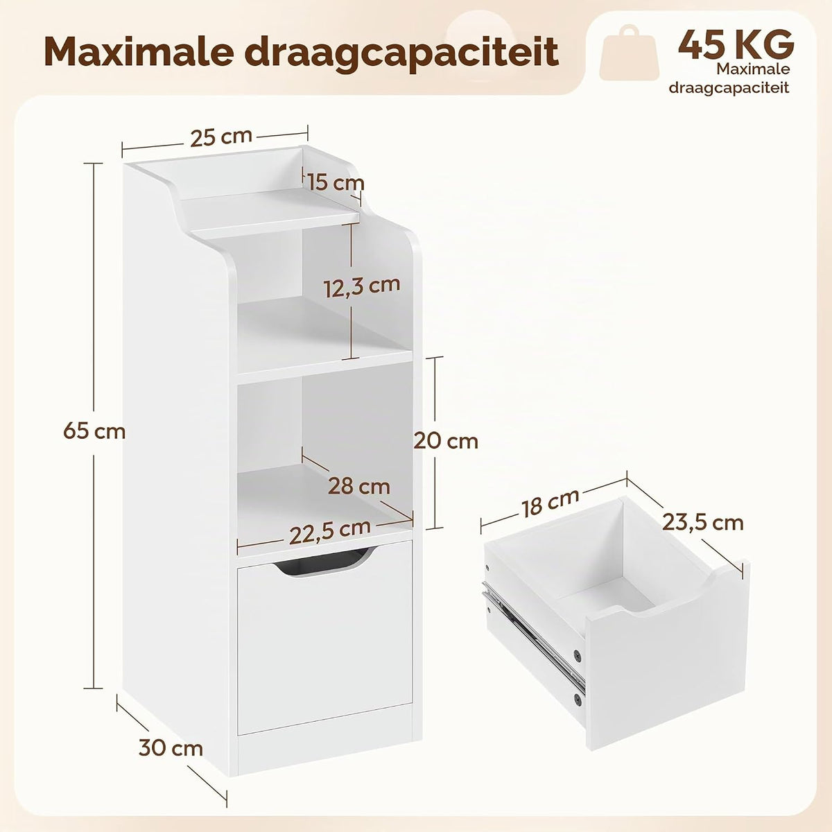 Table de chevet étroite Yaheetech 30 x 25 x 65 cm avec tiroir - 2 compartiments - Blanc