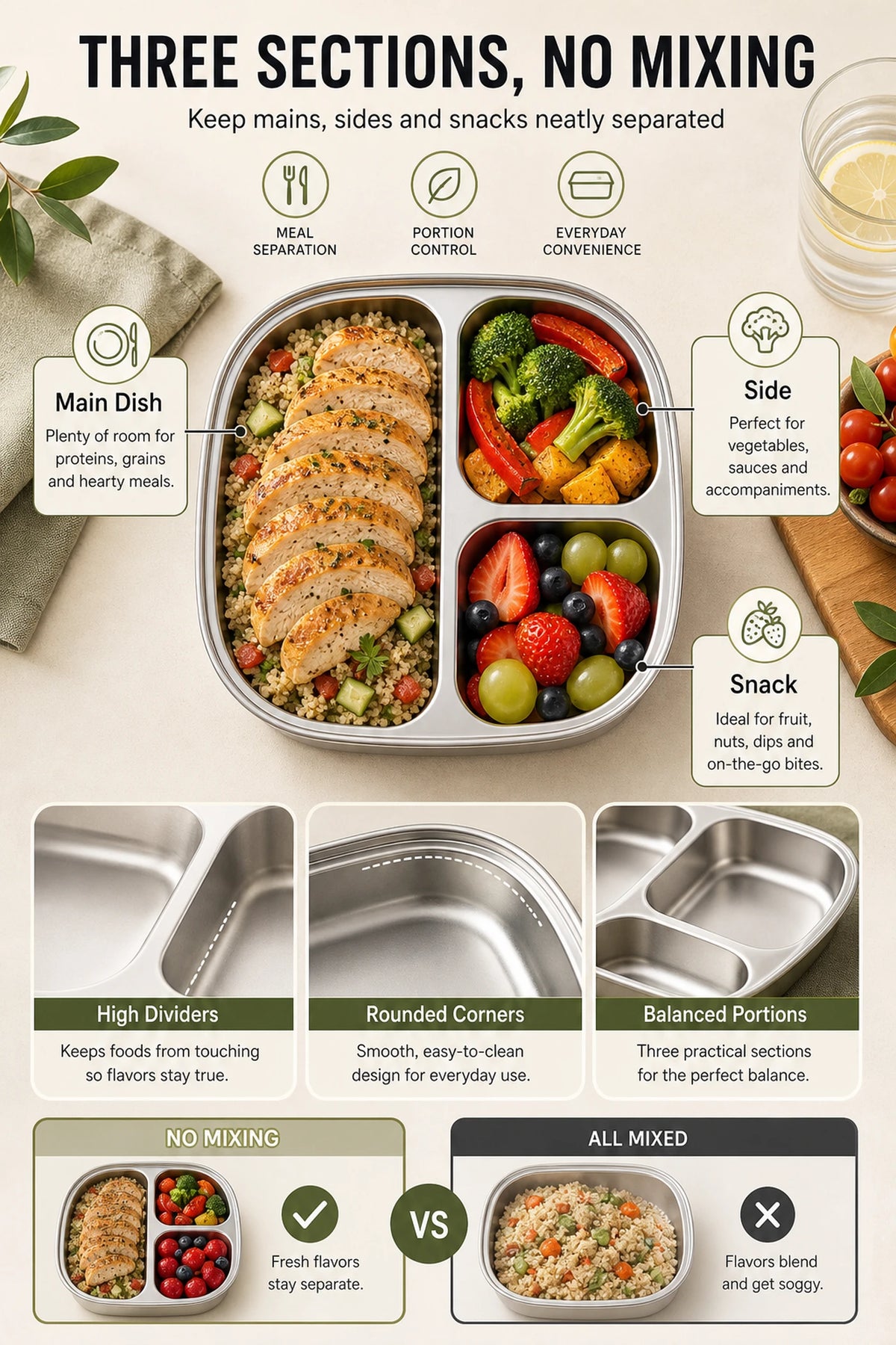 Assiette PURE COOK en acier inoxydable à 3 compartiments - 19,5 x 19,5 x 3,9 cm - Carrée - Acier inoxydable 304
