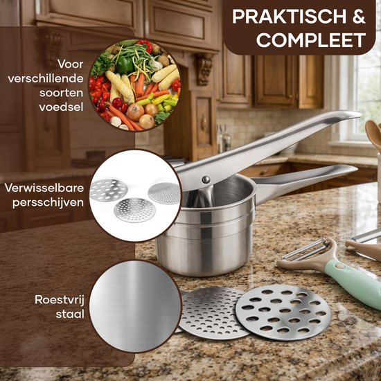 Presse-pommes de terre Qualisce - Presse-purée - Pilon à purée - Presse-pommes de terre à 3 disques - Écrase-purée - Avec éplucheur multifonction