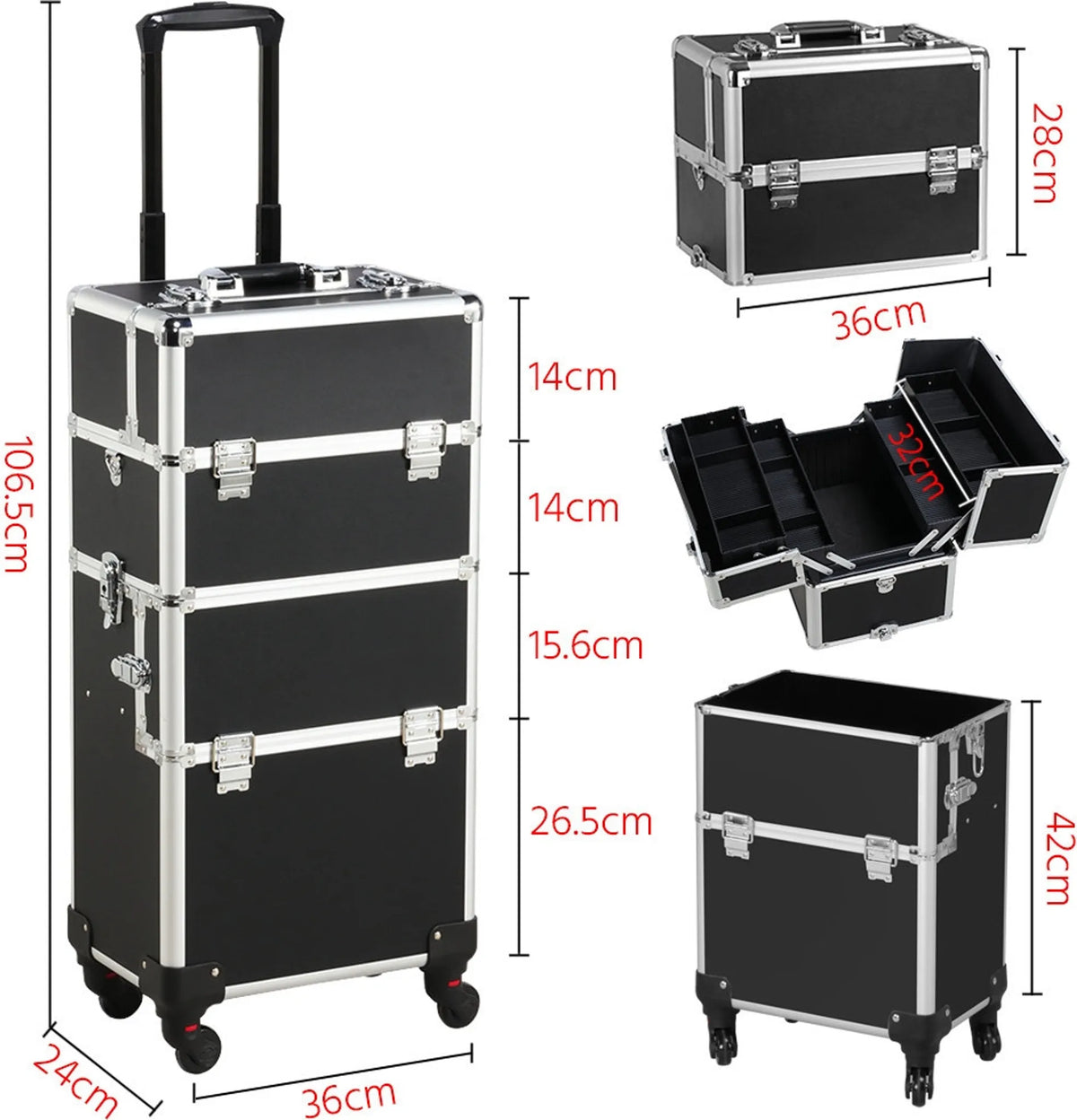 Valise de voyage cosmétique 3-en-1 Yaheetech 36 x 24 x 78 cm – Noir – Aluminium et plastique