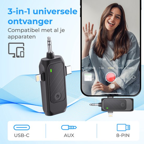 Nuvance Wireless Microphone - 2 Pieces - Microphone sans fil - Mini Tie Pin Microphone - Lavalier - 3 in 1 - Incl. 2 Windshields
