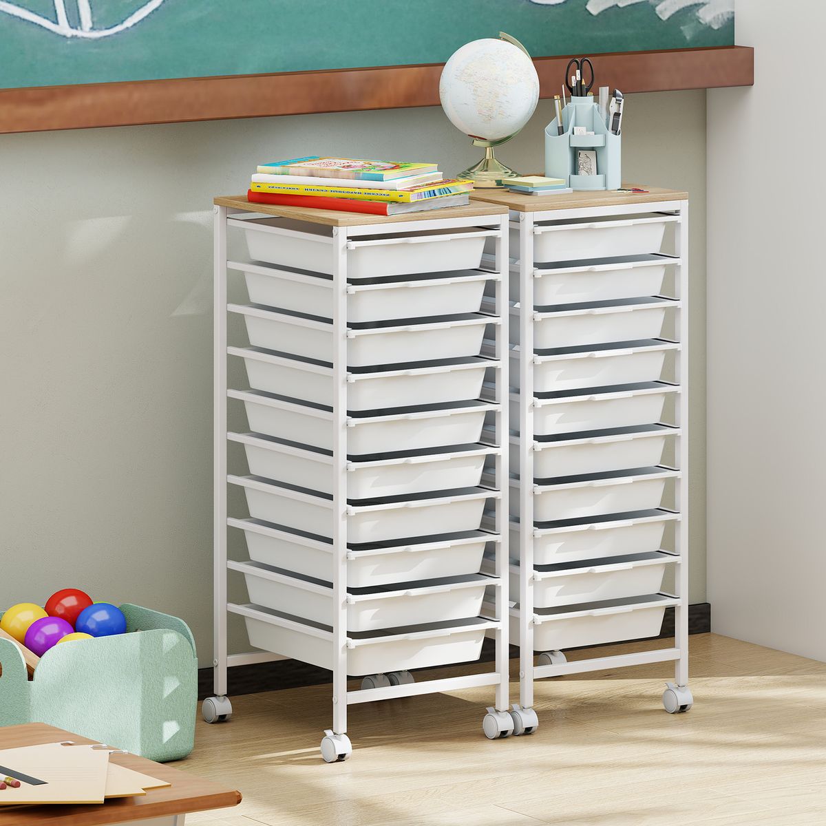 Caisson à roulettes Coast avec 10 tiroirs - structure métallique robuste - plateau en bois - blanc - 37 x 32,5 x 85 cm
