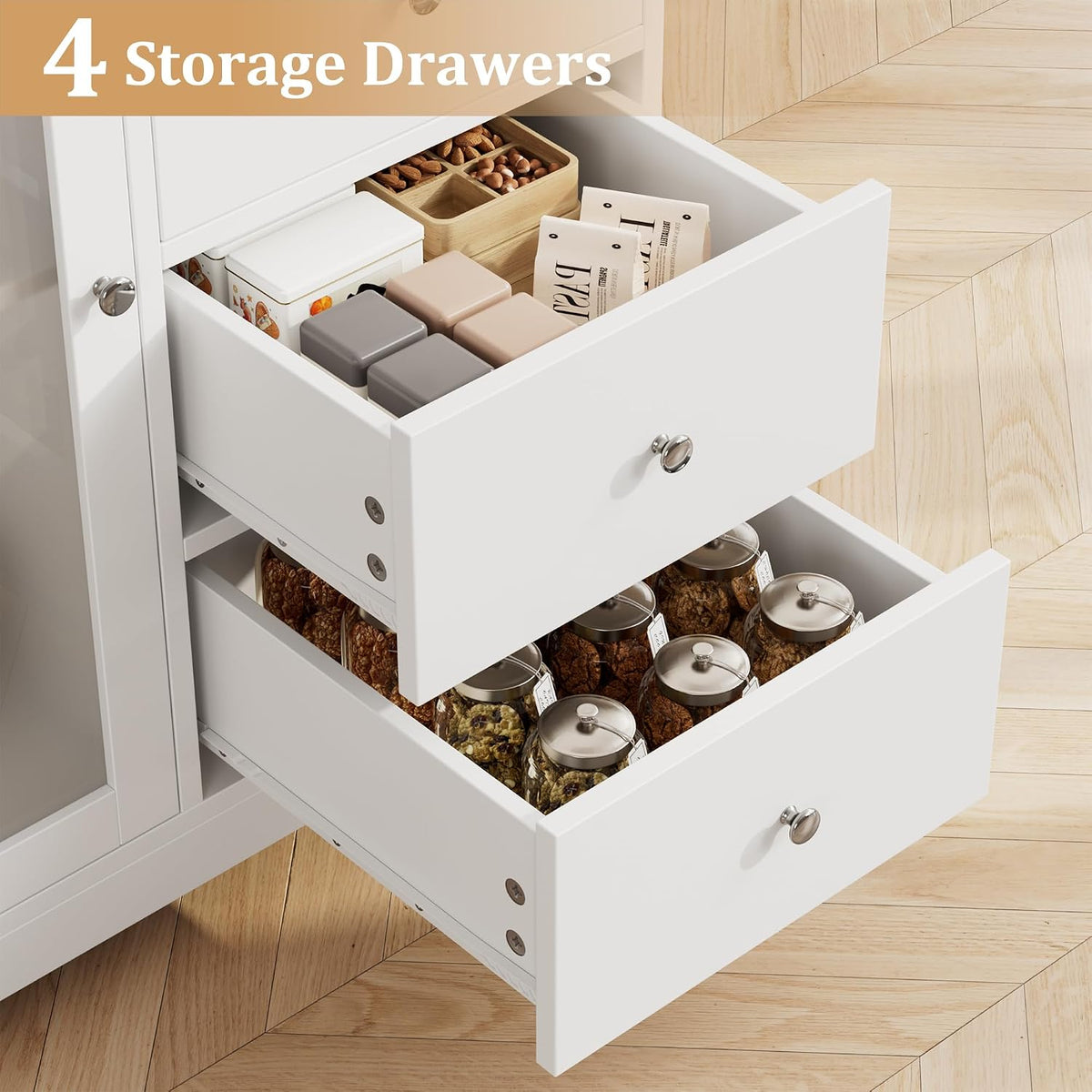 Armoire de cuisine haute avec plan de travail - 4 tiroirs et 3 portes vitrées - 60 cm de large - Blanc