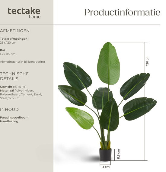 tectake® Arbre à oiseaux de paradis Tropic - Strelitzia - Plante artificielle fidèle à la nature avec des feuilles détaillées et un pot de fleurs robuste - Facile d'entretien et polyvalent - Hauteur : 120 cm