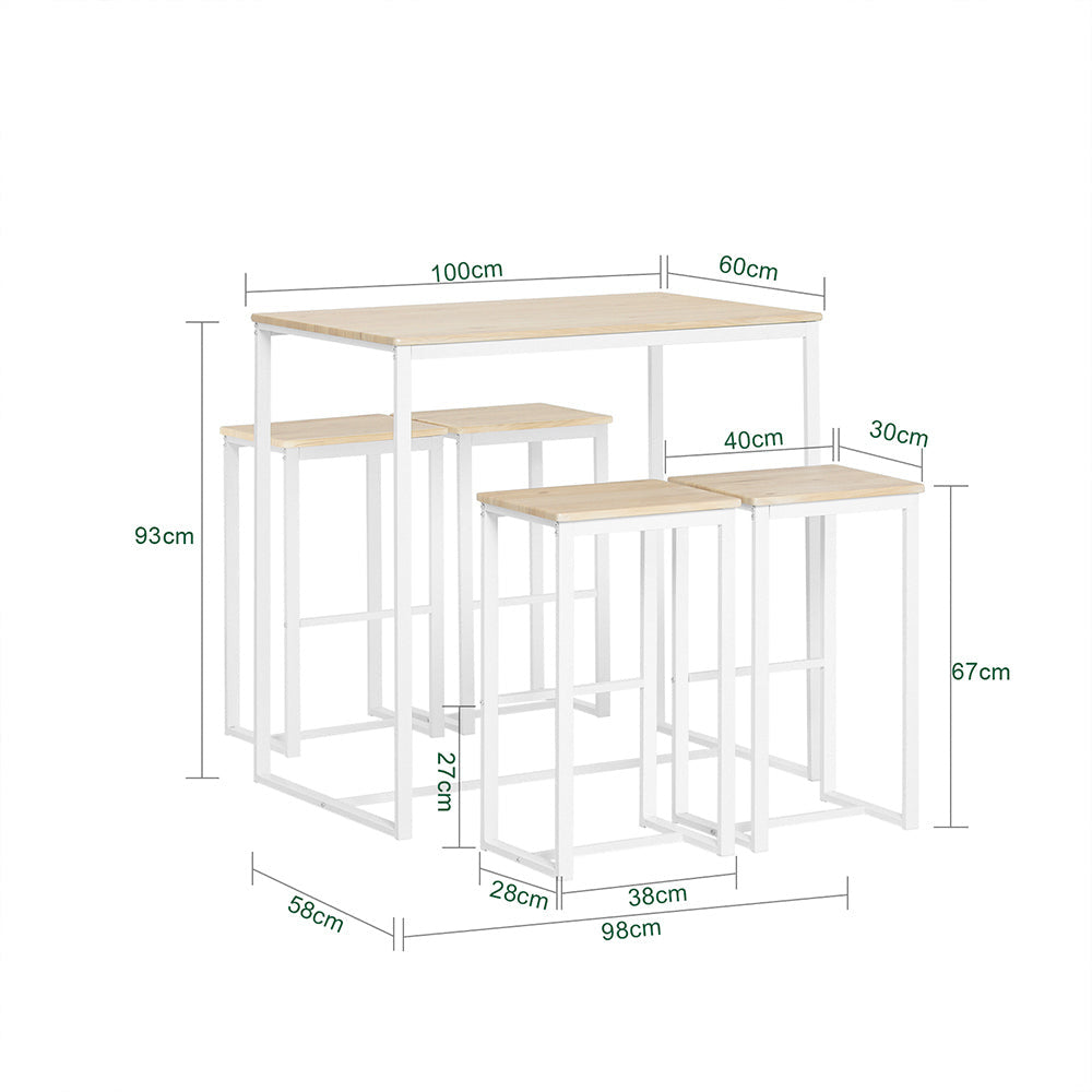 Table de bar et 4 tabourets, SoBuy, Table de cuisine, Moderne, Blanc / Marron