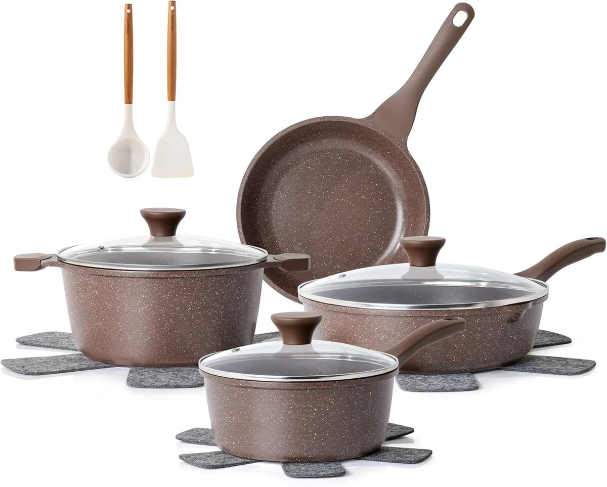 Ensemble de casseroles antiadhésives SENSARTE, 13 pièces - Brun caramel - Revêtement granit, sans PFOA