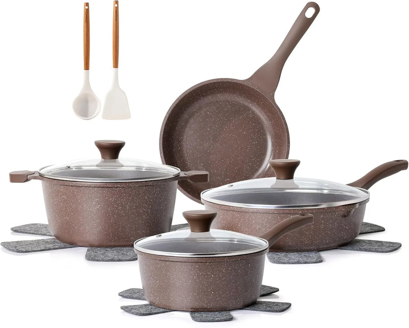 Ensemble de casseroles antiadhésives SENSARTE, 13 pièces - Brun caramel - Revêtement granit, sans PFOA