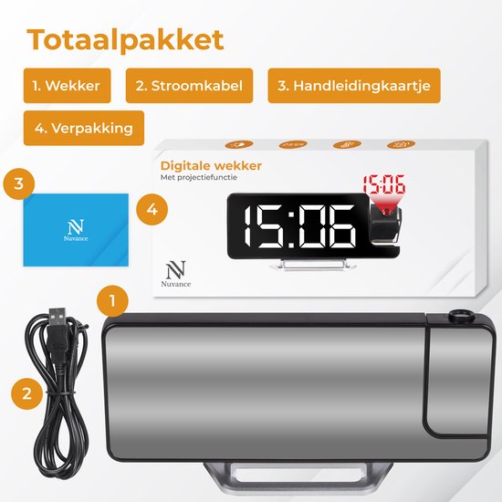 Réveil numérique Nuvance avec projection - Horloge numérique pour chambre à coucher - Fonction snooze - Réveils numériques - Réveil