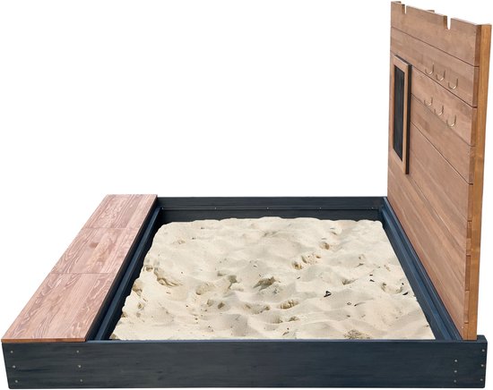 Bac à sable AXI Mandy XXL avec espace de rangement et couvercle - Avec banc et tableau à craie - Toile de protection incluse - 160 x 151 cm - Anthracite/Marron