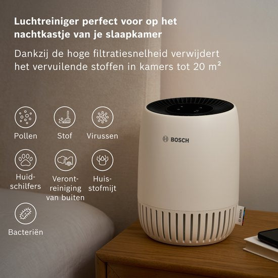 Purificateur d'air Bosch Air 500 - élimine les polluants, comprend un filtre à air et un mode silencieux (< 25 dB(A)). - pour les pièces jusqu'à 23 m² - avec port de charge USB-C CADR 100 m³/h