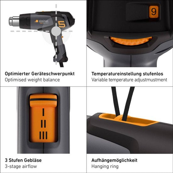 Pistolet à air chaud Steinel HM 2120 E - 2 200 W - Pistolet décapant - Température réglable de 80 à 630 °C - Débit d'air réglable de 150 à 500 l/min - Livré avec mallette et divers embouts