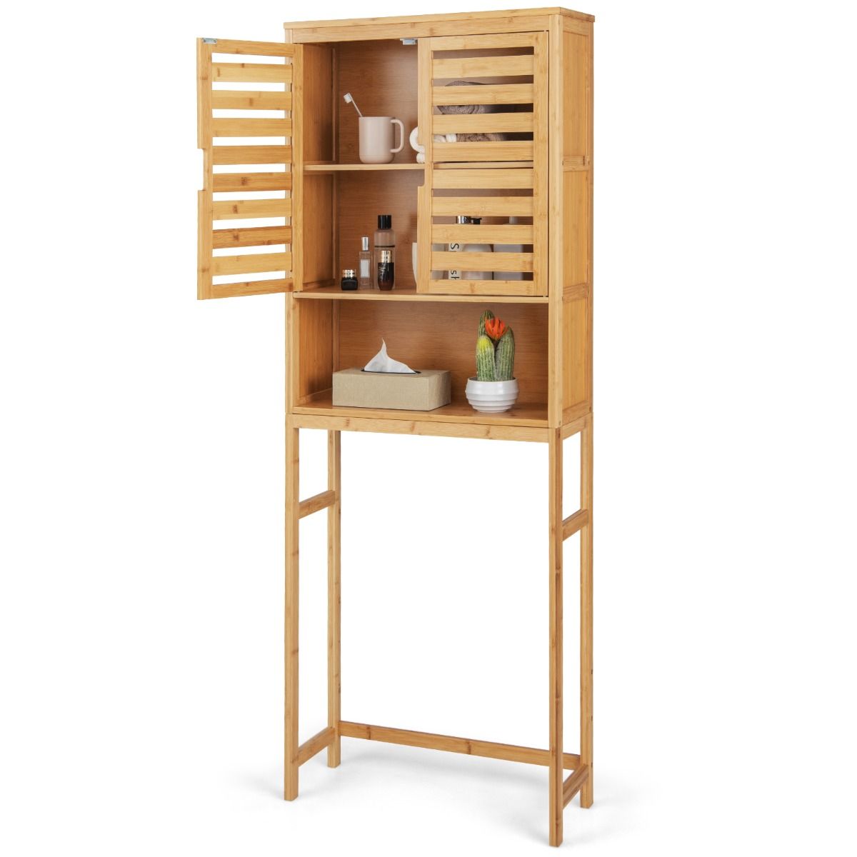 Coast Meuble de salle de bains à placer au-dessus des toilettes - meuble de rangement haut en bambou à 2 portes - peu encombrant - naturel - 62 x 23 x 170 cm
