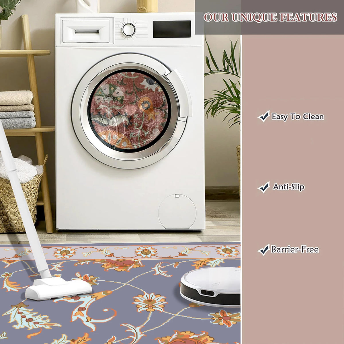 Tapis WhereHike, motif fleurs et oiseaux - Violet - 183 x 274 cm - Lavable, antidérapant