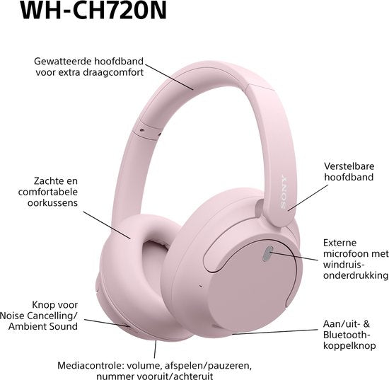 Sony WH-CH720N – Casque sans fil circum-auriculaire avec réduction de bruit - Rose