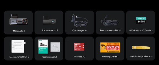 Botslab G980H Pro 2CH 4K Wi-Fi GPS 2CH 64 Go - Caméra embarquée avec caméra avant 4K et caméra arrière 2K - Écran LCD 2,45 pouces - Wi-Fi et GPS - Mode stationnement - Carte Micro SD de 64 Go - caméra embarquée pour voiture