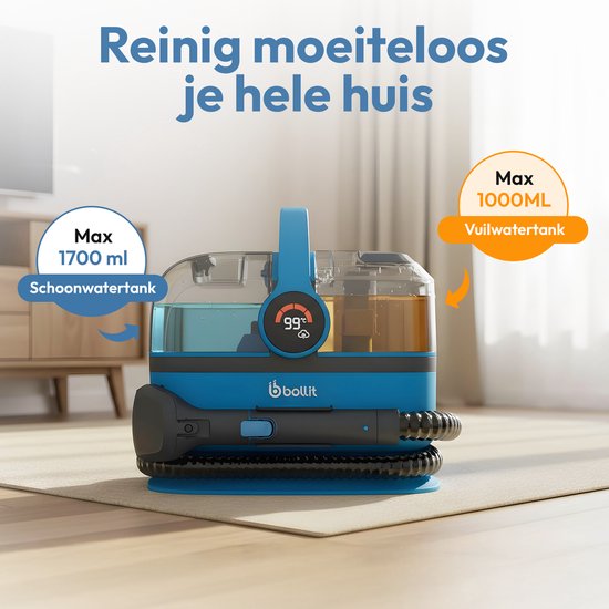 BOLLIT Nettoyeur de tapis 4-en-1 XL 1800 W Ultra - Nettoyeur à vapeur et détachant - Vapeur à 100 °C - Nettoyeur de canapés - Nettoyeur de meubles - Nettoyeur à vapeur portatif - Nettoyeur de matelas - Nettoyeur de fauteuils - Nettoyeur pour voiture, cana