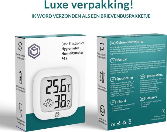 Ease Electronicz Hygromètre - Station météo - Humidimètre - Thermomètre pour l'intérieur - Pile et bande adhésive incluses