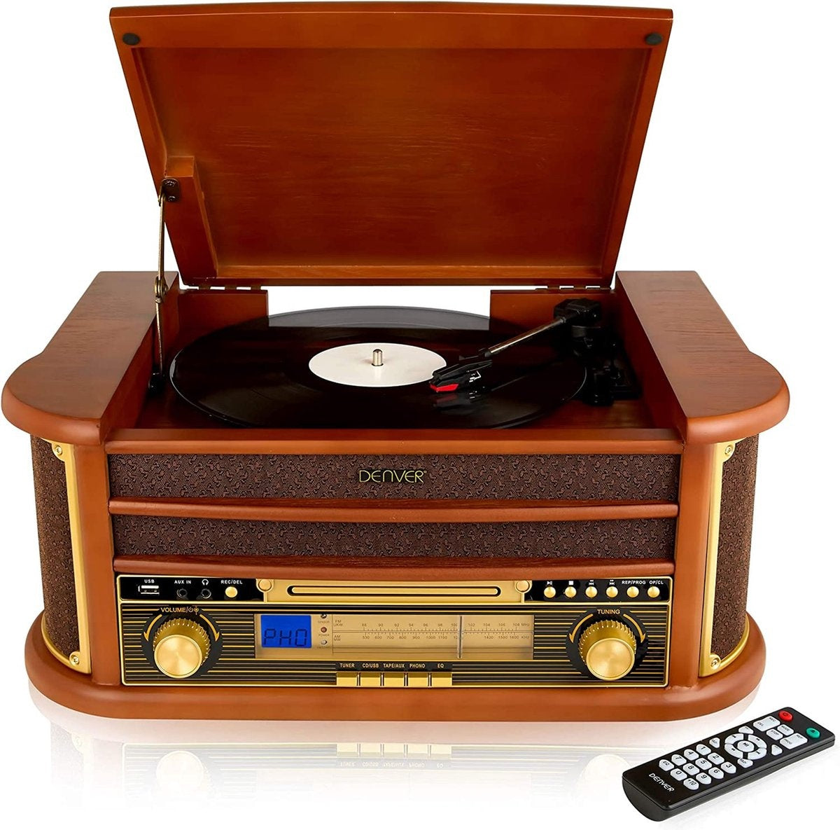 Platine vinyle - Denver - Tourne disque - Design rétro -Radio FM/AM - Radio CD Player - Bois