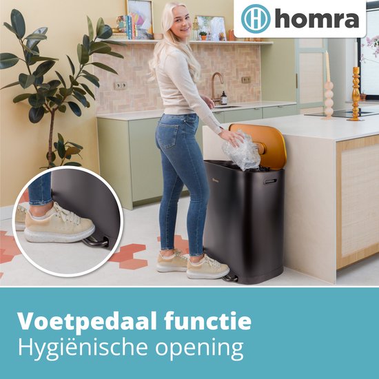 Poubelle Homra Rockx 60 litres - Poubelle à double pédale 2 x 30 L avec filtre anti-odeurs - Poubelle de tri sélectif en acier inoxydable à 2 compartiments - Poubelle de recyclage - Poubelle de cuisine - Poubelle de tri sélectif - Poubelles doubles noir e