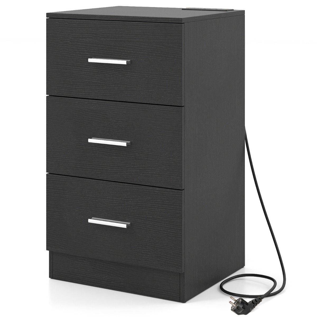 Table de chevet Coast avec station de recharge - 3 tiroirs - Finition bois - Blanc/Noir - 38 x 35 x 66 cm