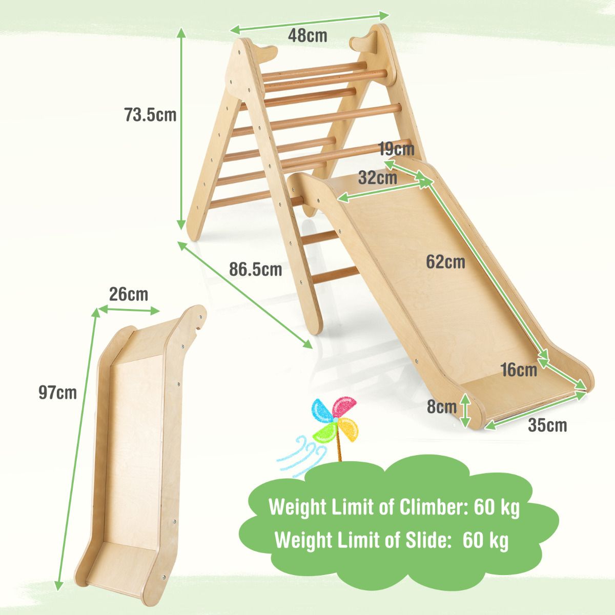 Coast Climbing Triangle with Wood Slide - Natural - 86,5 x 48 x 73,5 cm - Cadre d'escalade et toboggan Montessori pour les enfants à partir de 1 an