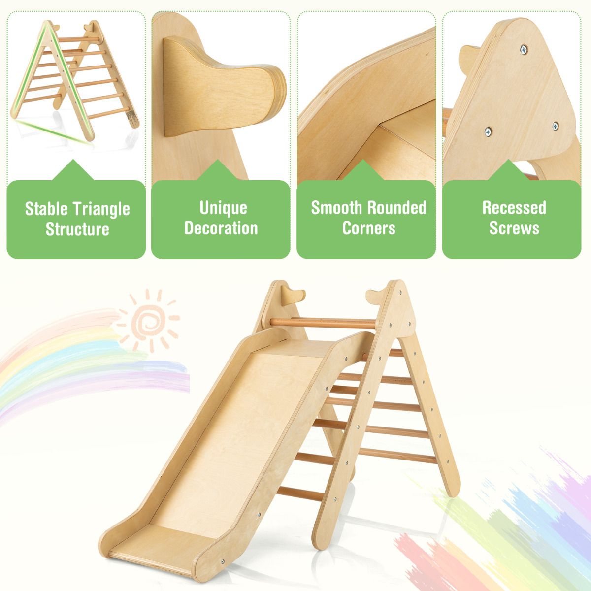 Coast Climbing Triangle with Wood Slide - Natural - 86,5 x 48 x 73,5 cm - Cadre d'escalade et toboggan Montessori pour les enfants à partir de 1 an