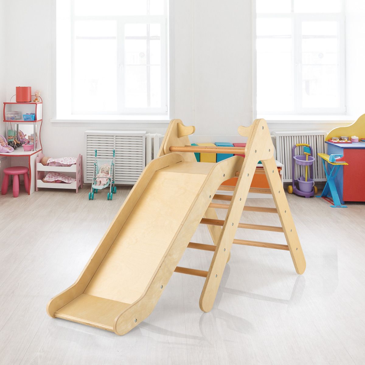 Coast Climbing Triangle with Wood Slide - Natural - 86,5 x 48 x 73,5 cm - Cadre d'escalade et toboggan Montessori pour les enfants à partir de 1 an
