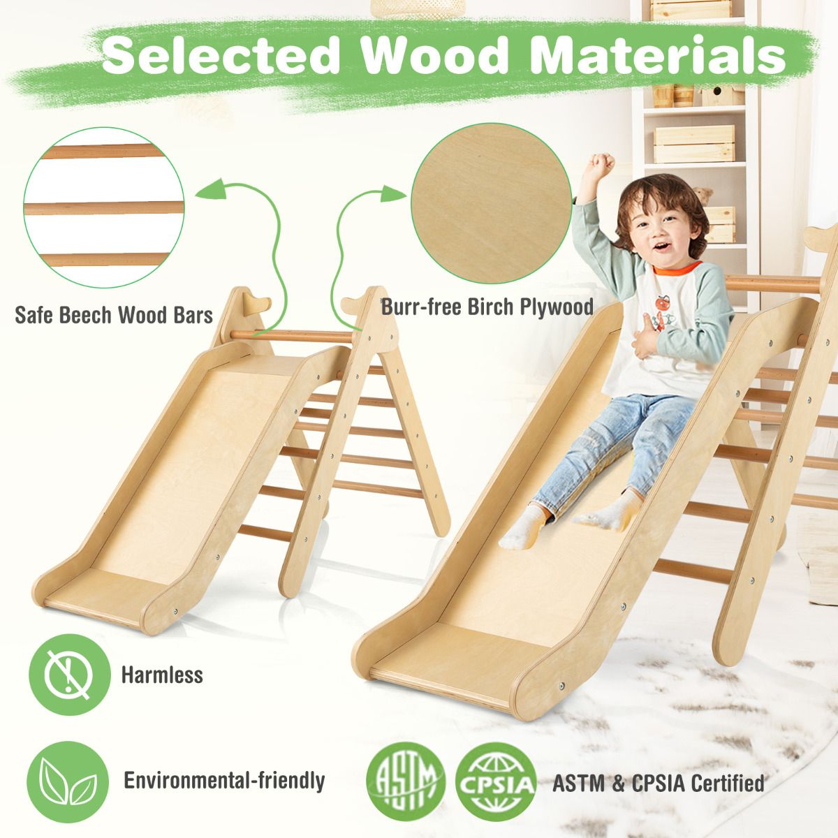 Coast Climbing Triangle with Wood Slide - Natural - 86,5 x 48 x 73,5 cm - Cadre d'escalade et toboggan Montessori pour les enfants à partir de 1 an