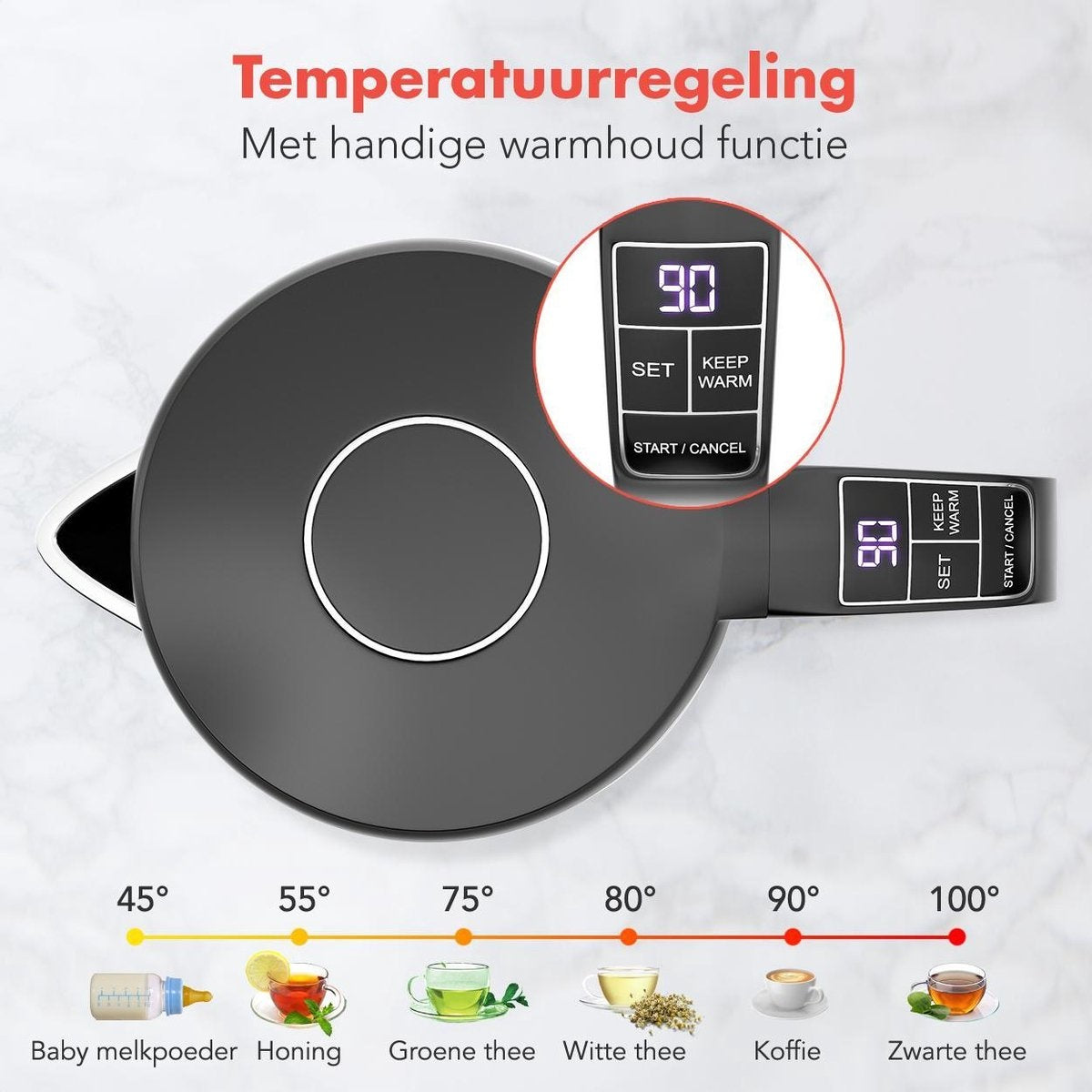 Bouilloire électrique 1.7L - KitchenBrothers - Avec contrôle de la température - 1800W - acier inoxydable - Noir