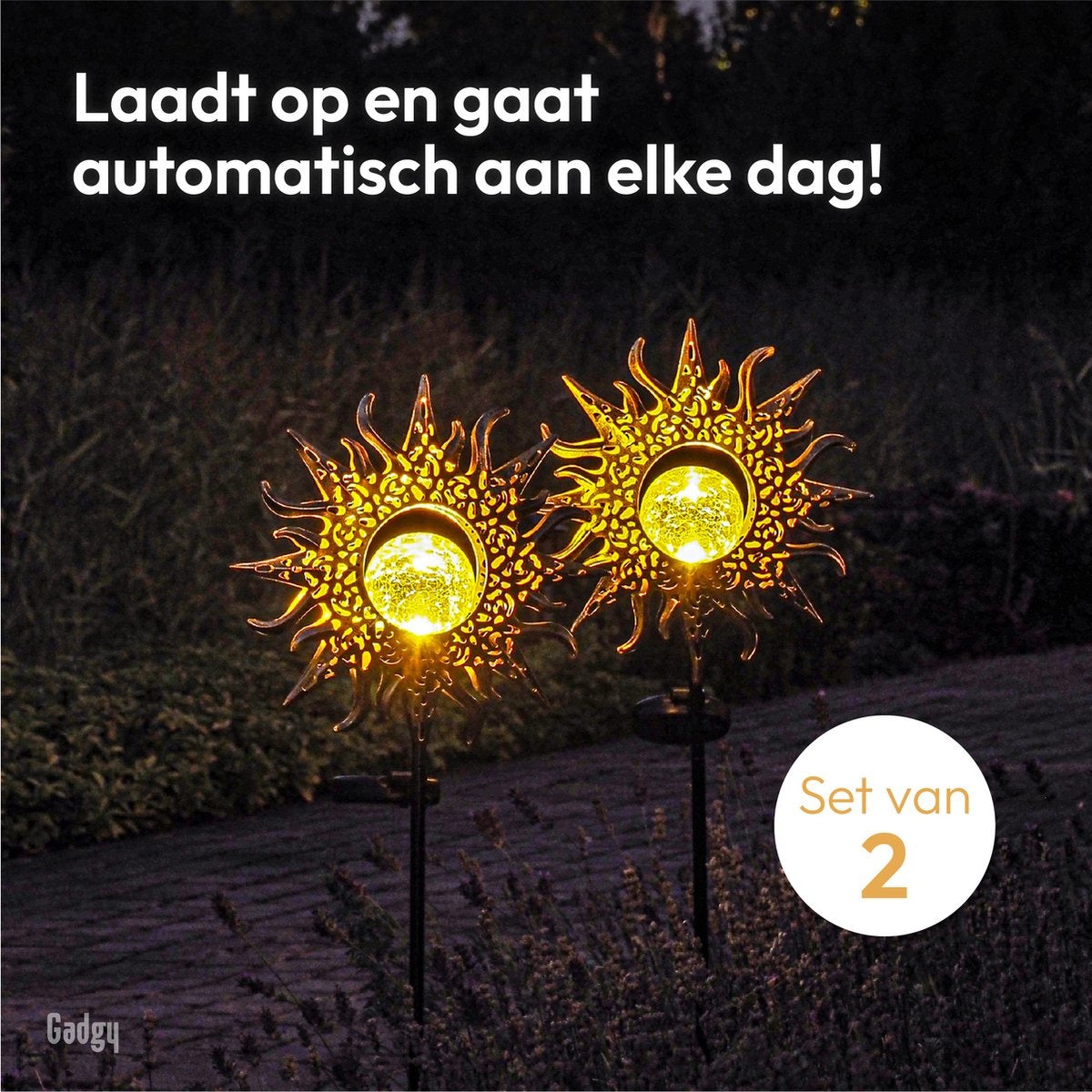 Gadgy Solar Tuinfakkel Zon met grondspies - Tuinsteker Set van 2 st. - Tuinfakkels 103CM Hoog - Tuinverlichting op zonneenergie buiten - Led buitenverlichting met sensor - Brons kleurig Metaal
