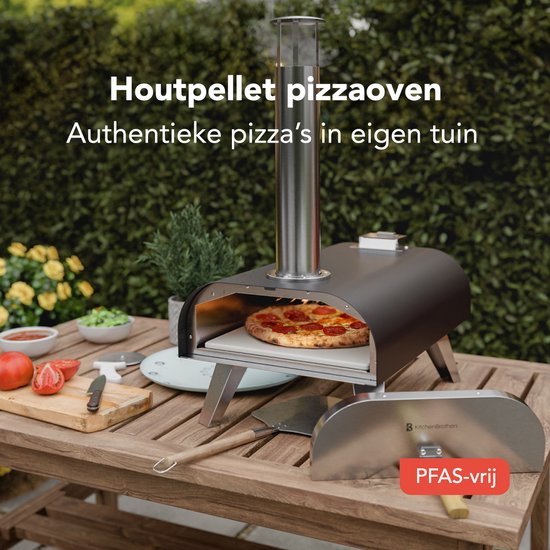 KitchenBrothers Four à Pizza - Au feu de bois - Modèle de table - Pliable - Sans PFAS - Pierre à pizza - jusqu'à 460°C - Pizzeria - Set complet - Four à Pizza d'extérieur - Noir/RVS